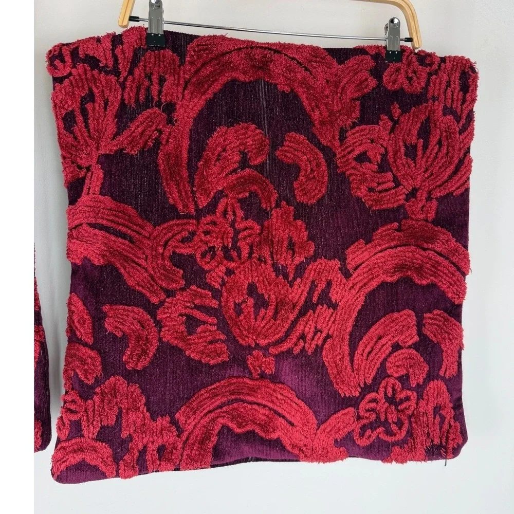 Pottery Barn Set of 2  Burgundy Red Damask Texture 22x22 Pillow Covers
